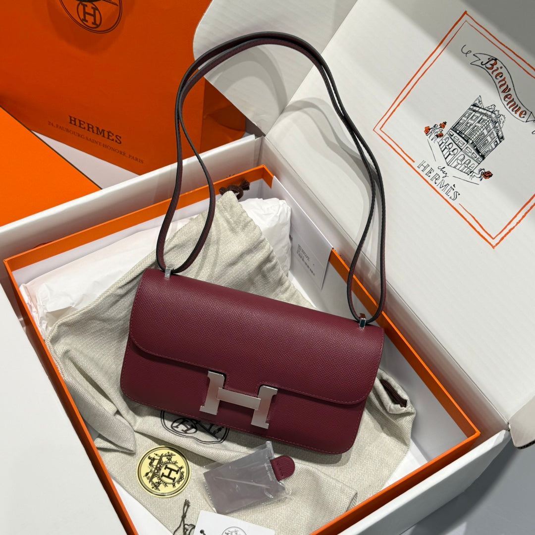 HM Constance Elan 24cm Bag Burgundy Epsom Leather Silver Hardware