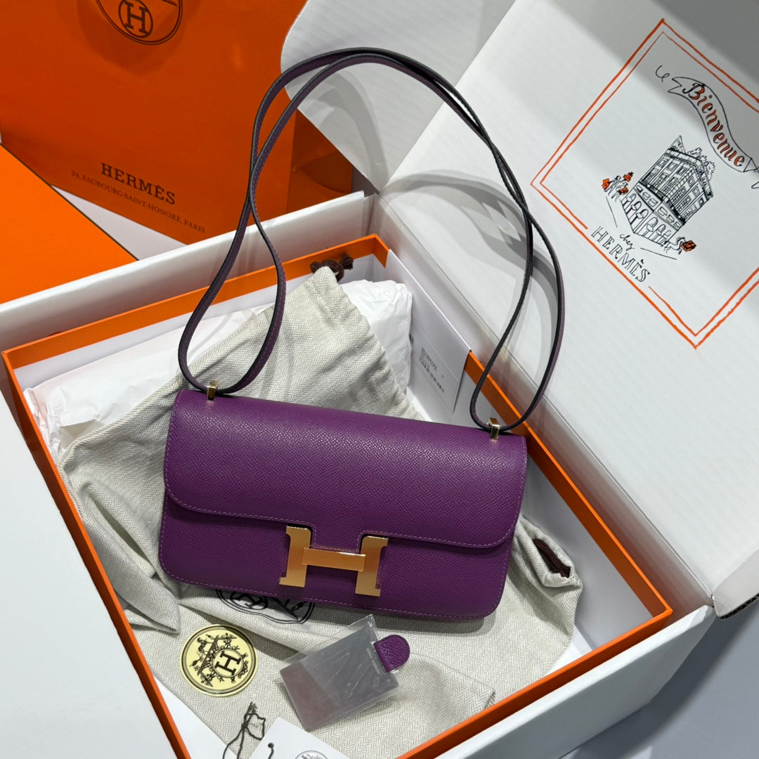 HM Constance Elan 24cm Bag Purple Epsom Leather Gold Hardware