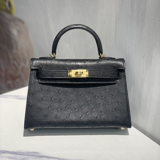 Hermes Kelly 19 Sellier Black Ostrich Leather Bag GHW (need 25 day to produce) 270332