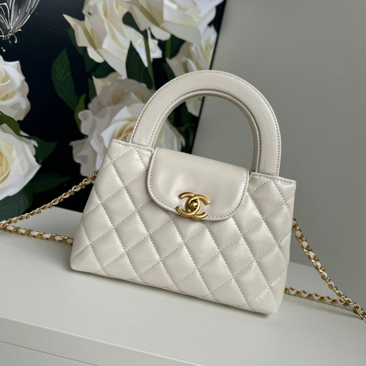 cc 24a nano 19cm kelly shopper bag pastel white lambskin