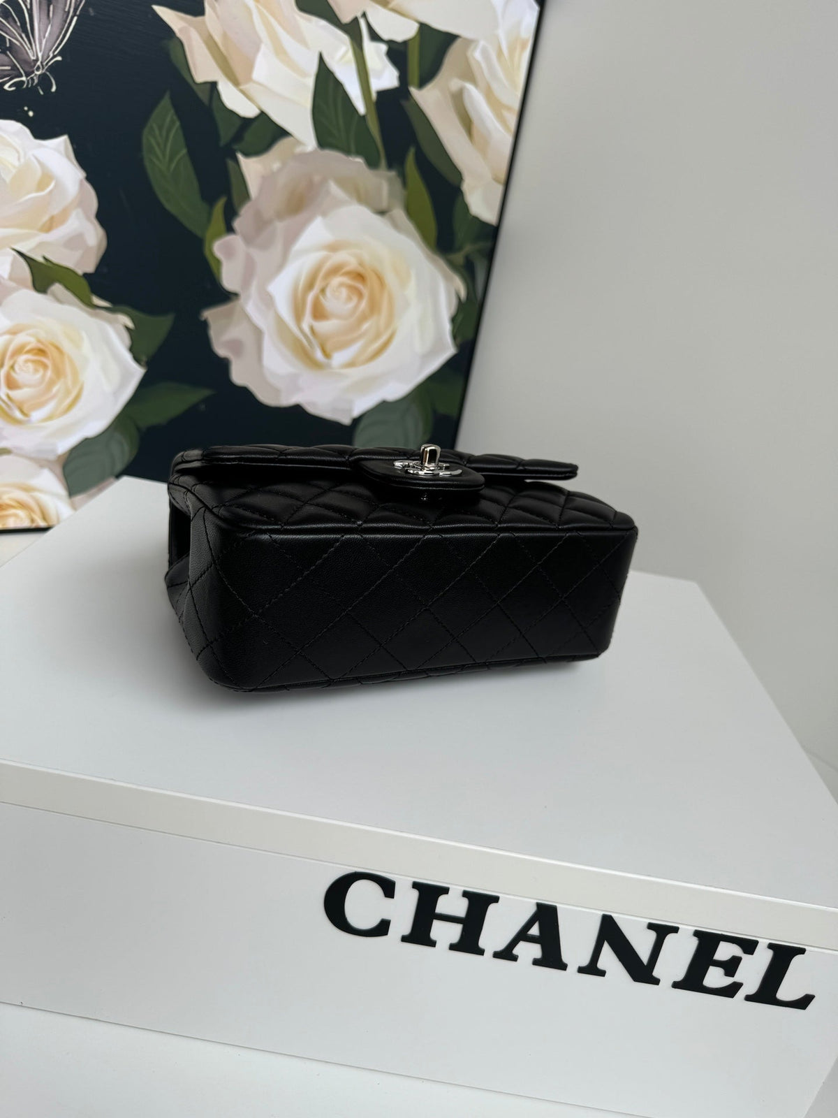 24c mini flap bag 20cm with top handle black calfskin silver hardware