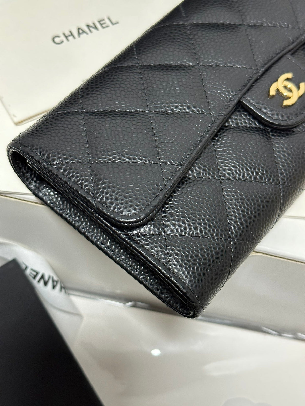 CC Classic Long Flap Wallet Black Quilted Caviar Gold Buckle 243676