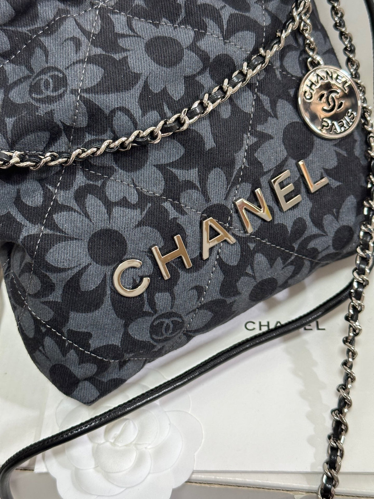 CC 22 Bag Mini Gray Black Camellia Pattern Demin Silver Hardware 243630