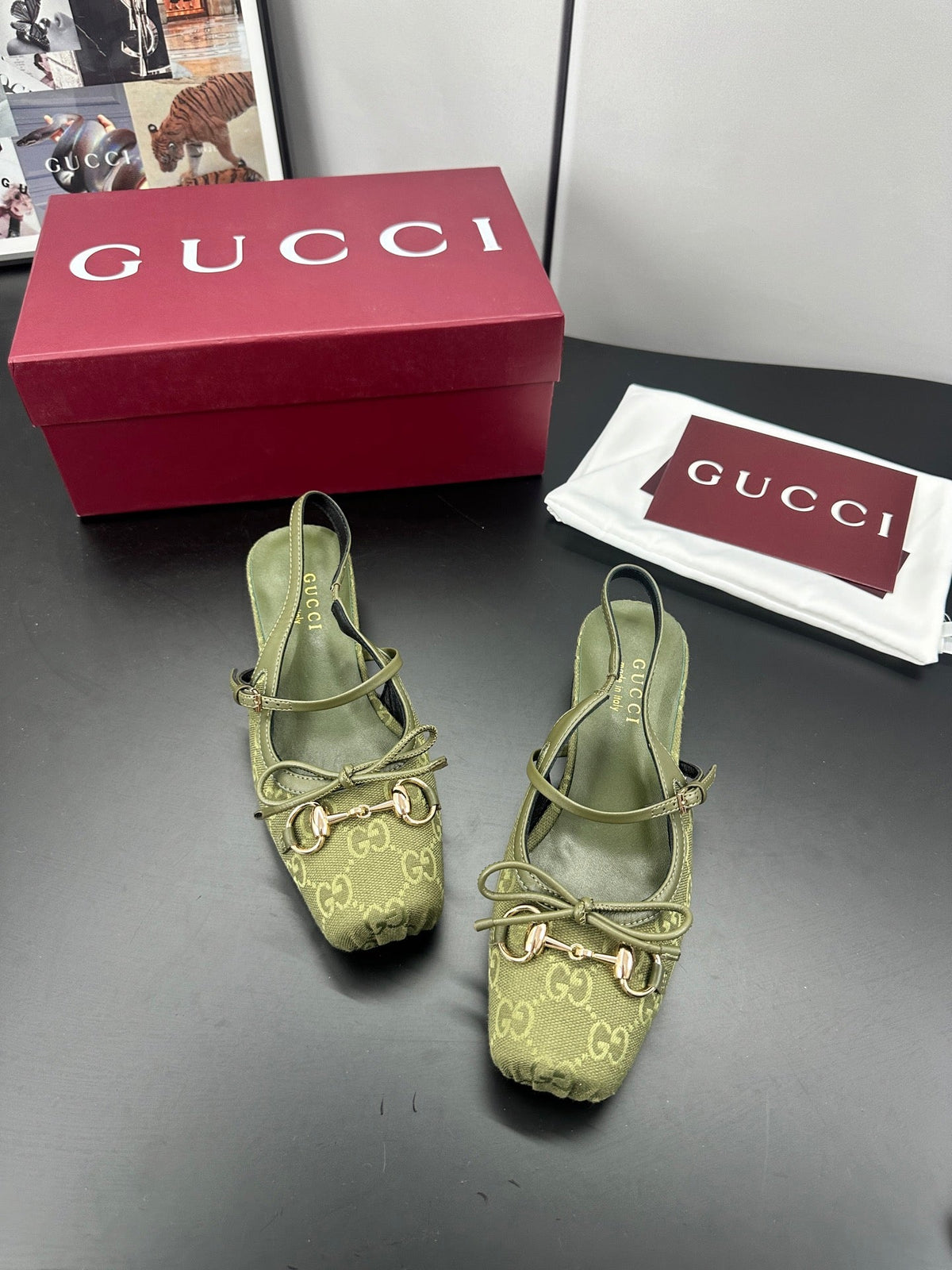 GG 26s Horsebit Slingback 2.5cm Olive Canvas 688317