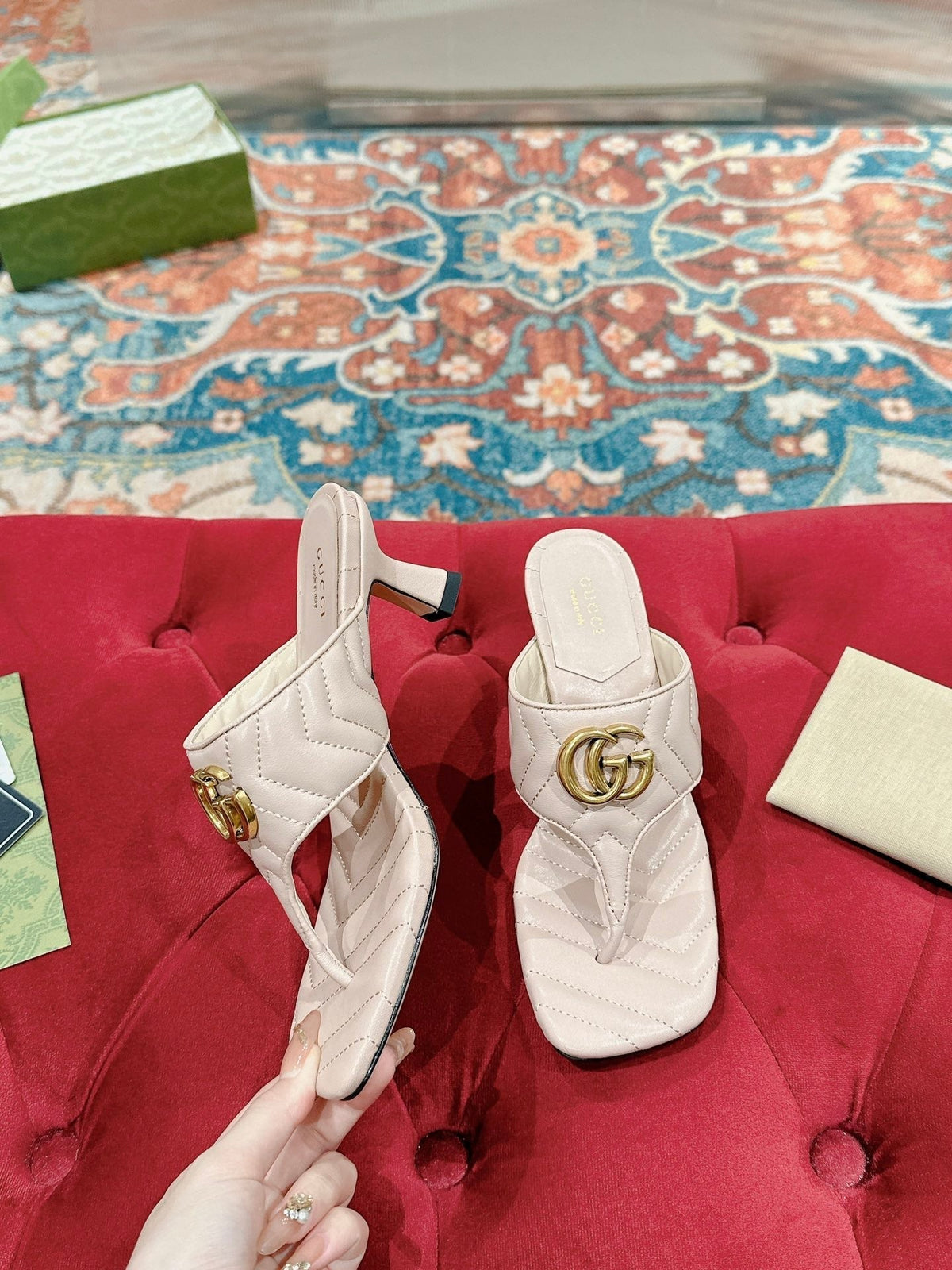 HIGH THONG MULE 55MM IN BEIGE CREAM CALFSKIN WITH GOLD HARDWARE