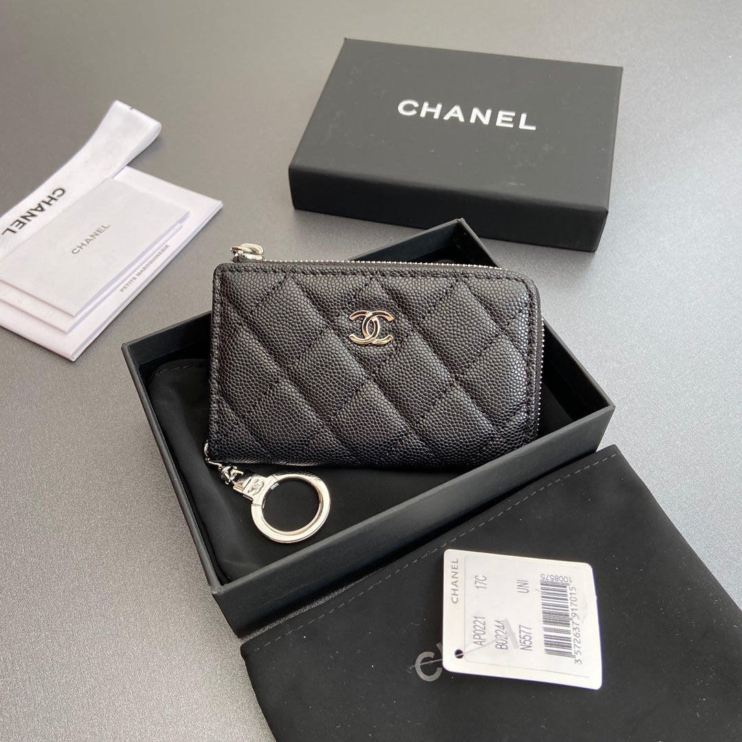 CC Hook & Chain Zipper Card Holder Black Caviar Sliver Steel 234731
