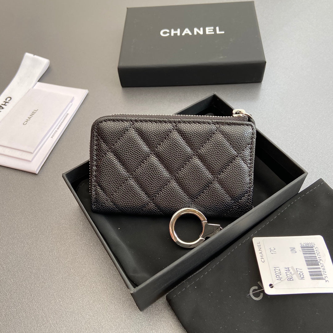 CC Hook & Chain Zipper Card Holder Black Caviar Sliver Steel 234731