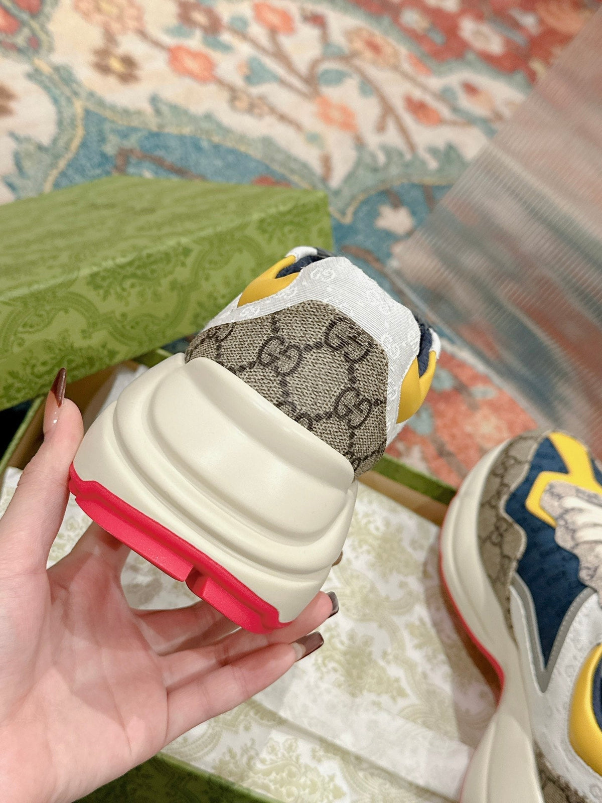 GG RHYTON TRAINER LIGHT BROWN AND LEMON CALFSKIN