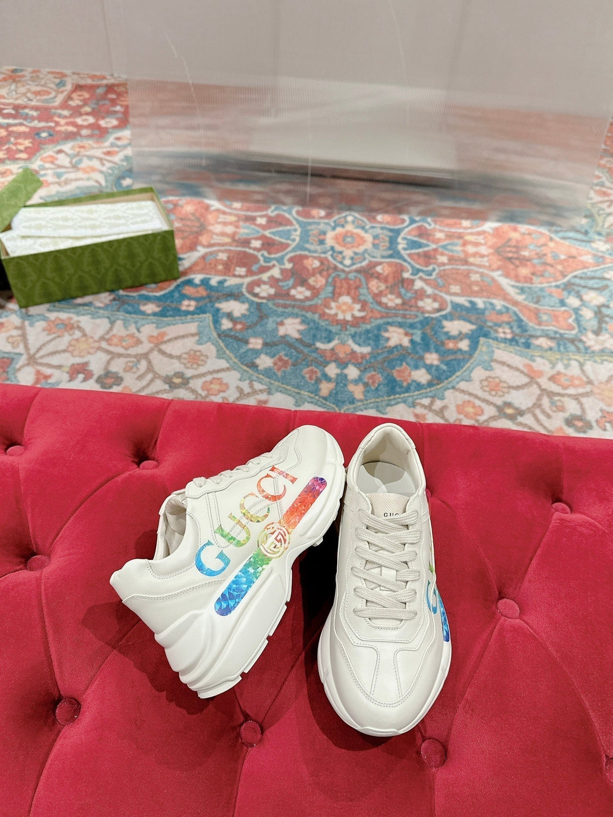 GG RHYTON TRAINER WHITE CALFSKIN WITH MULTI PATTERNS