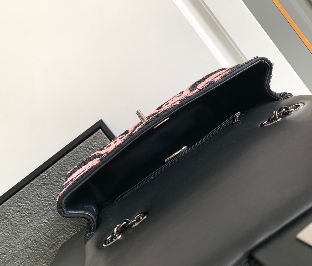 flap bag medium 25 black pink sequin silver hardware