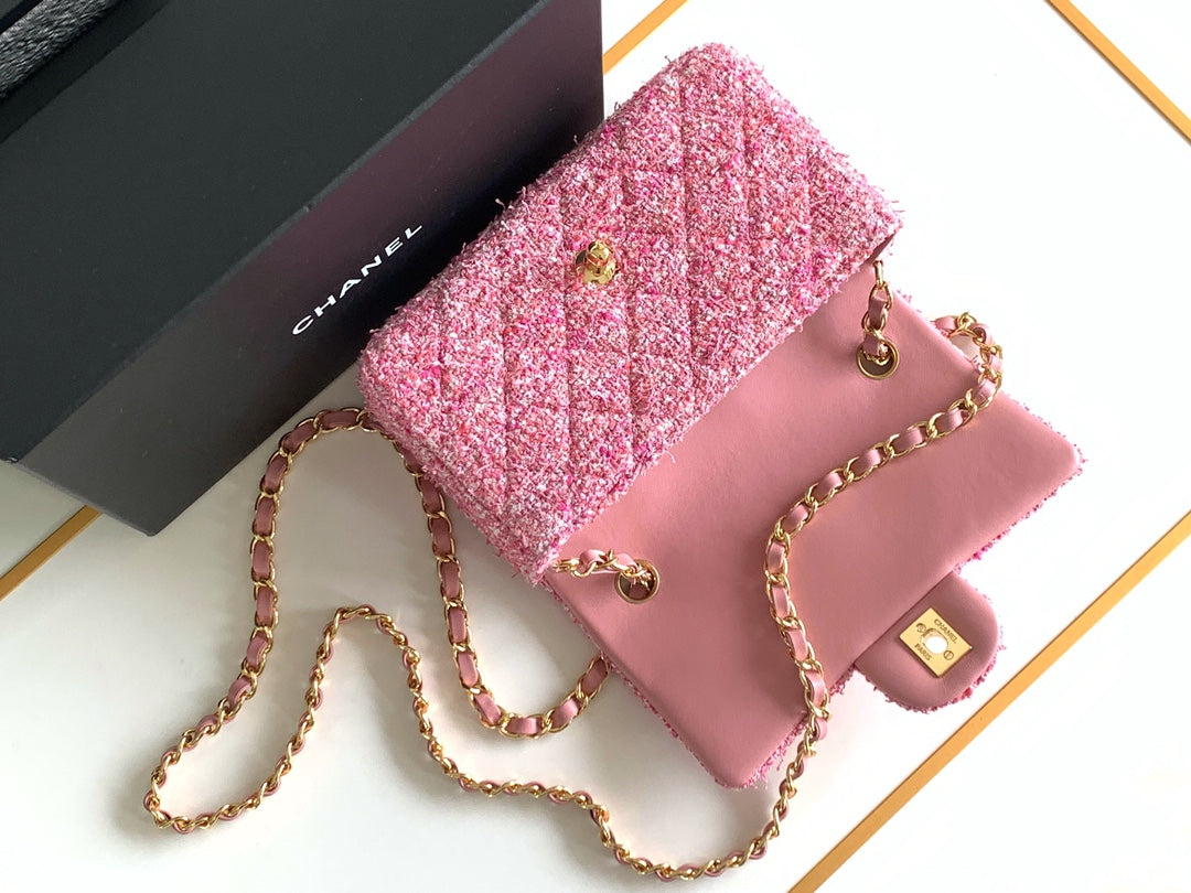flap bag mini 20 pink tweed silver hardware
