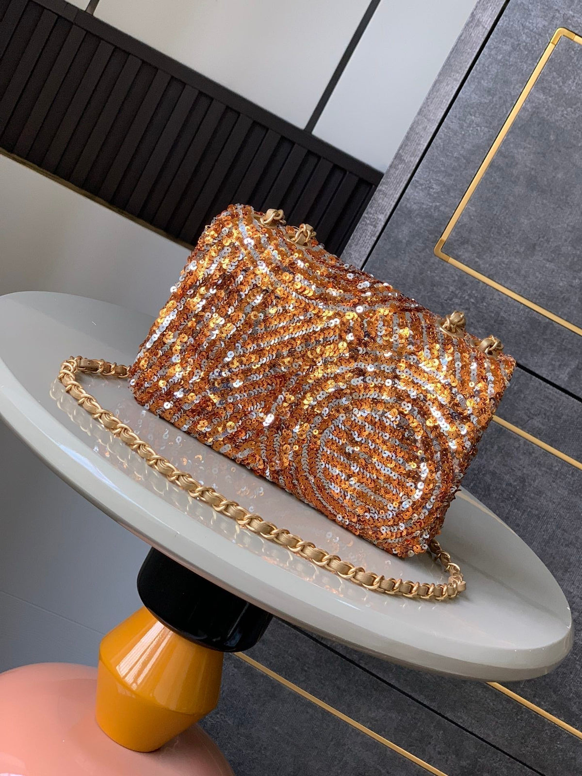 Flap Bag Mini 20cm Beige Calfskin Gold Bronze Sequin