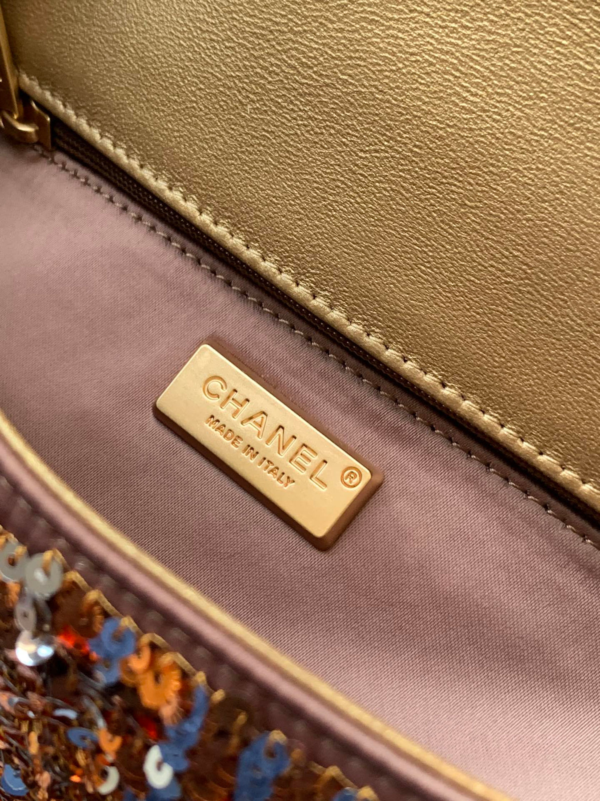 Flap Bag Mini 20cm Beige Calfskin Gold Bronze Sequin