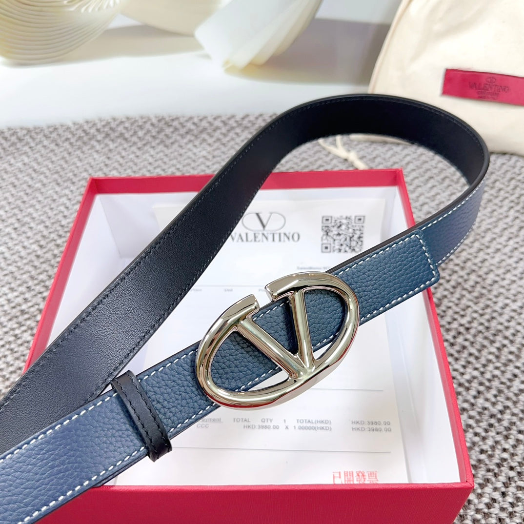 The Bold Edition Reversible Belt 30mm Blue Black Grained Calfskin Silver Buckle