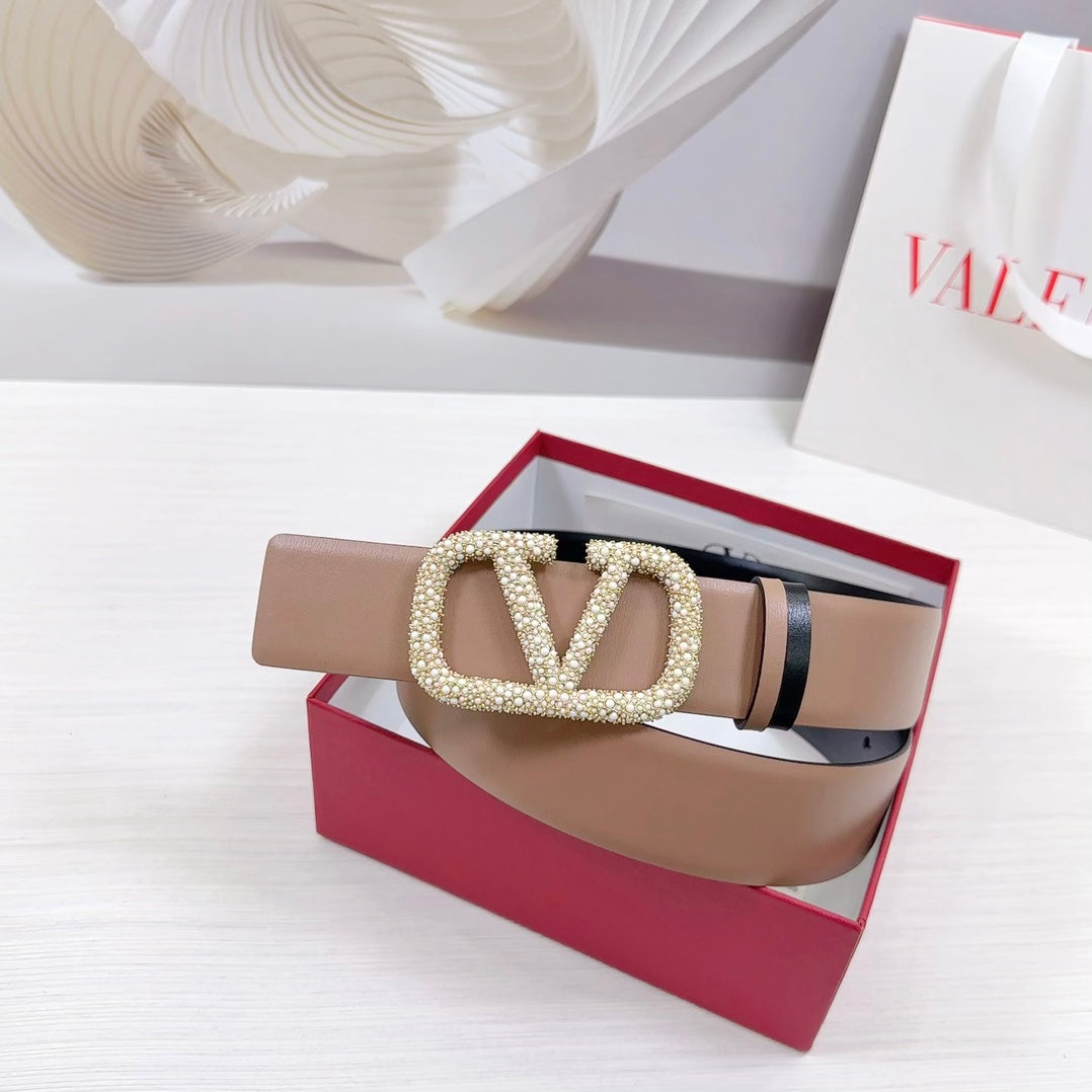 VLOGO SIGNATURE REVERSIBLE BELT 40MM ROSE BLACK GOLD CALFSKIN GOLD PEARL BUCKLE