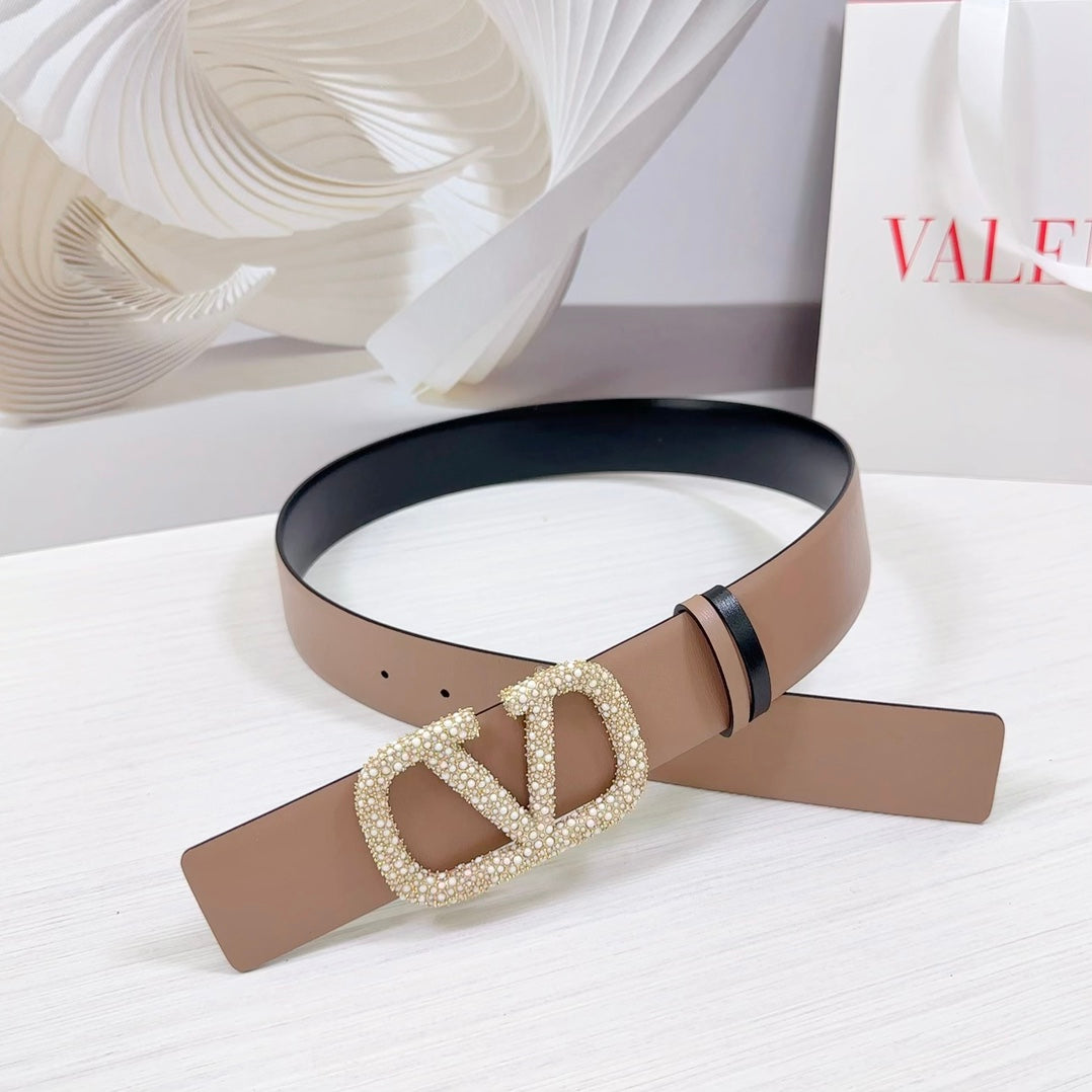 VLOGO SIGNATURE REVERSIBLE BELT 40MM ROSE BLACK GOLD CALFSKIN GOLD PEARL BUCKLE