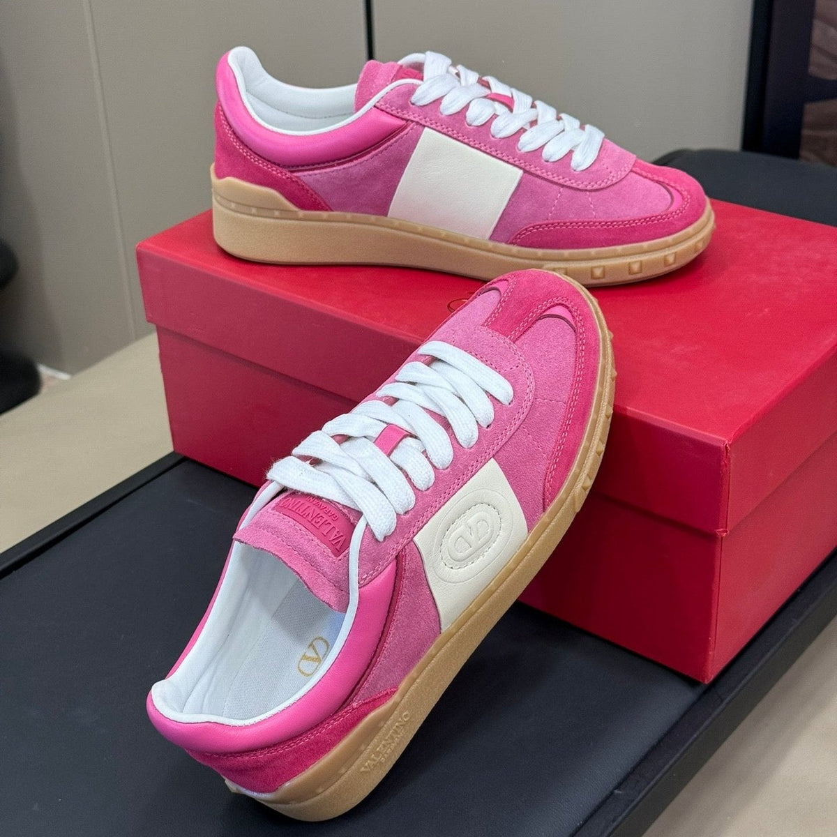 Upvillage Trainer In Dark Pink Mix Pink Suede With Laminated Calfskin 992729