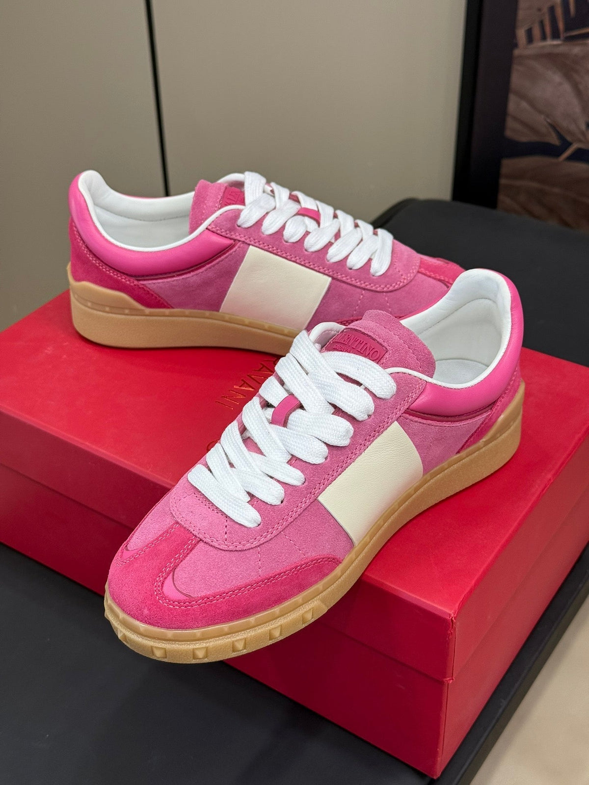 Upvillage Trainer In Dark Pink Mix Pink Suede With Laminated Calfskin 992729