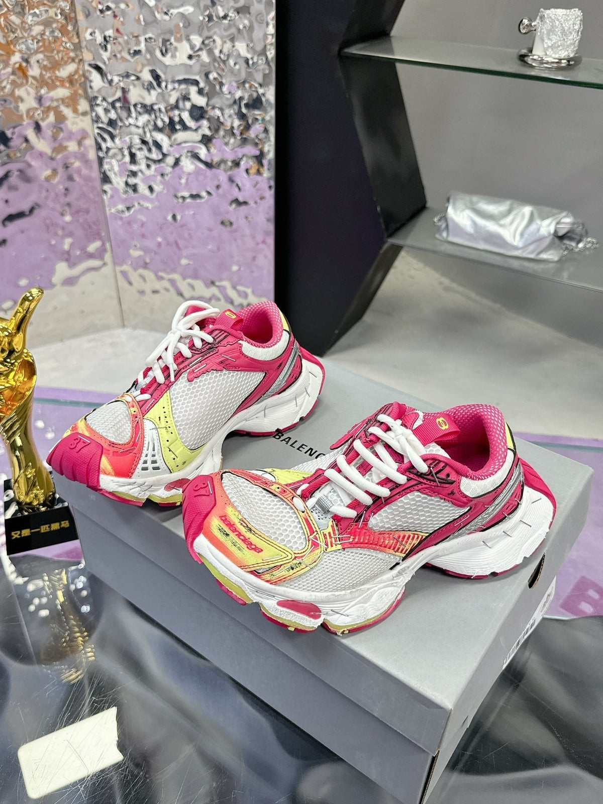 STAPLER SNEAKER IN WHITE, PINK, NEON YELLOW AND SILVER POLYURETHANE AND POLYESTER