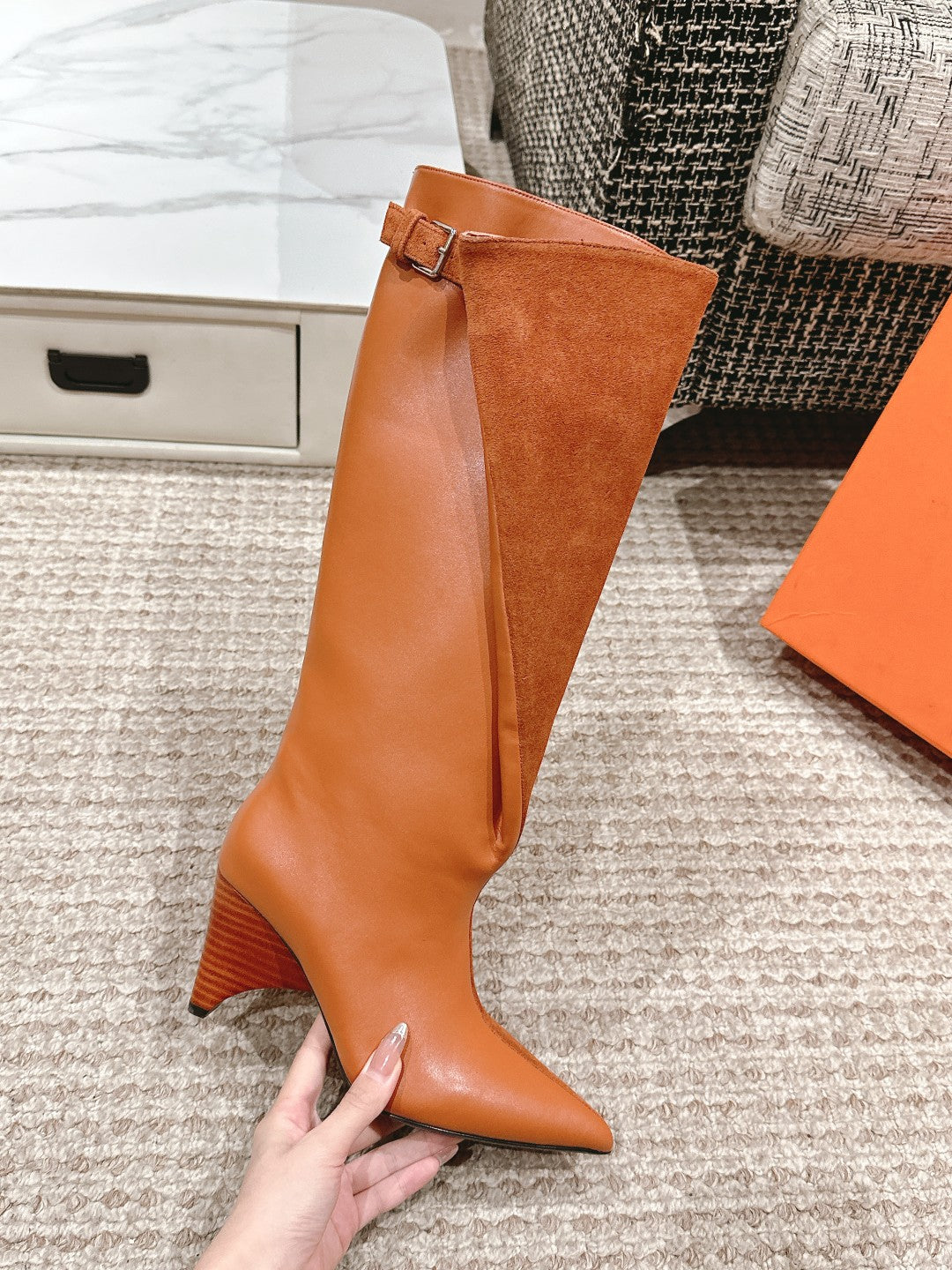 HM High Boots 60mm Brown Orange Calfskin And Suede 972384