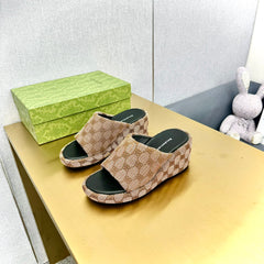 WEDGE SANDALS IN LIGHT BROWN MONOGRAM JACQUARD FABRIC