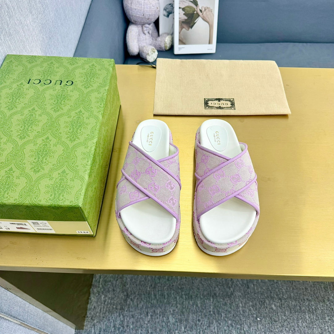 GG SLIDE SANDAL PASTEL PINK CANVAS CROSS STRAPS