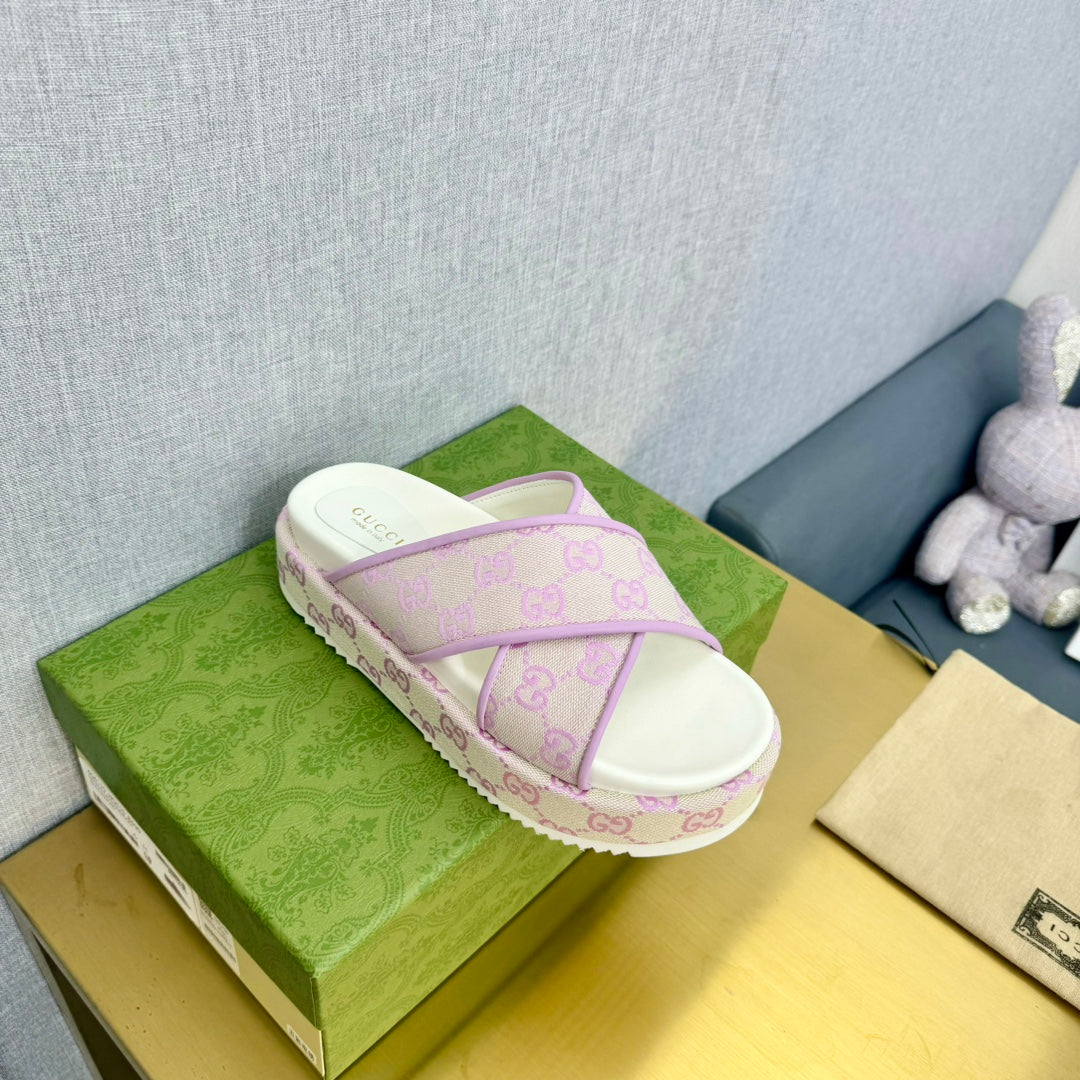 GG SLIDE SANDAL PASTEL PINK CANVAS CROSS STRAPS