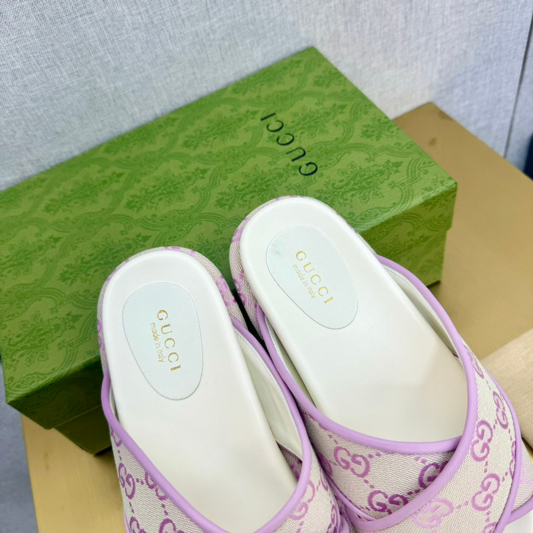 GG SLIDE SANDAL PASTEL PINK CANVAS CROSS STRAPS