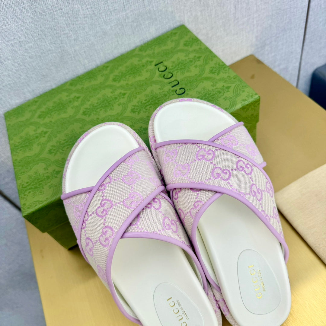 GG SLIDE SANDAL PASTEL PINK CANVAS CROSS STRAPS