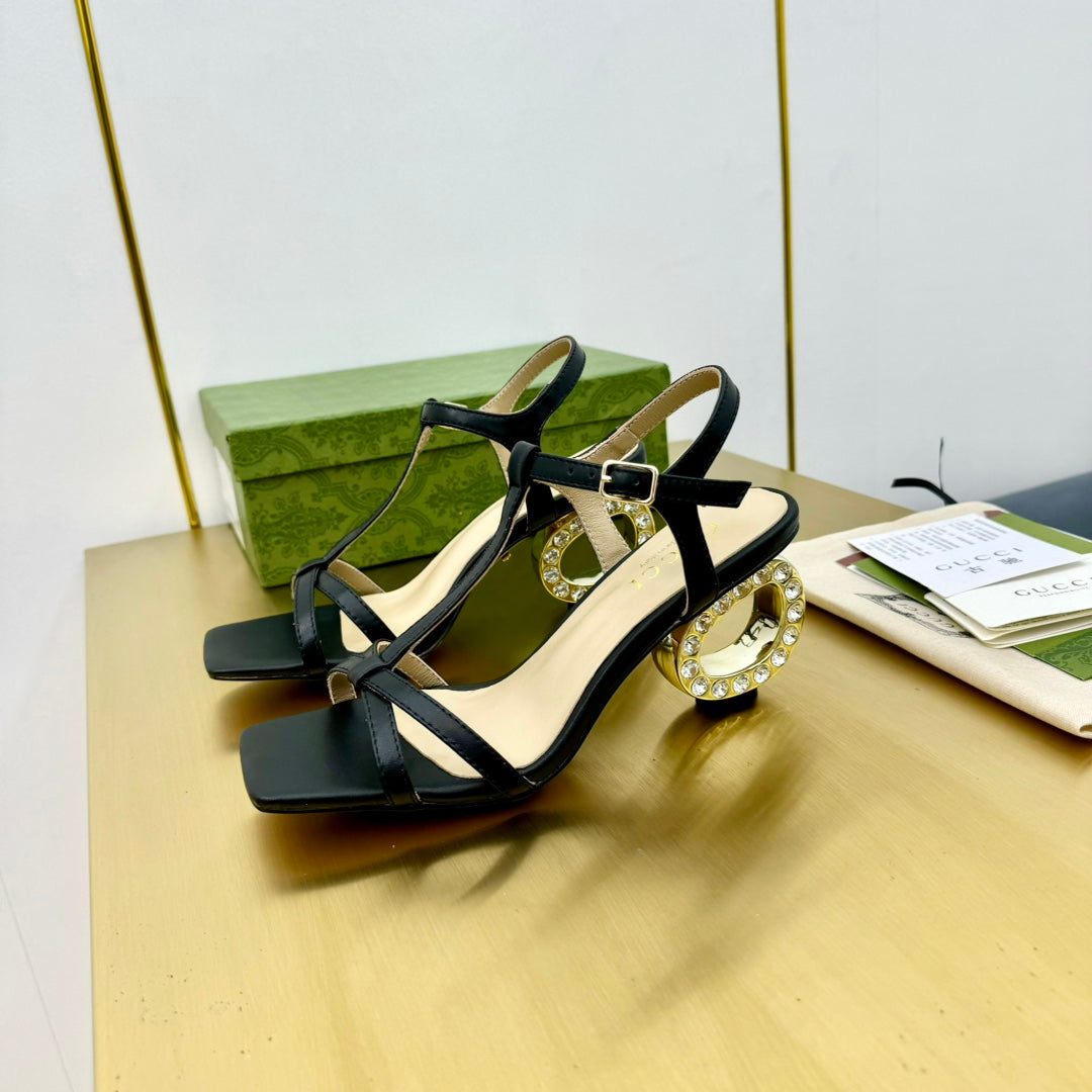 MEDIUM-HEEL SANDAL IN BLACK CALFSKIN WITH RHINSTONES