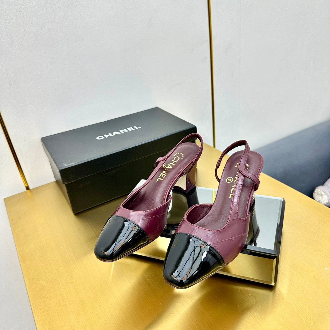 cc slingback pumps 65 in burgundy lambskin and black patent calfskin 137439