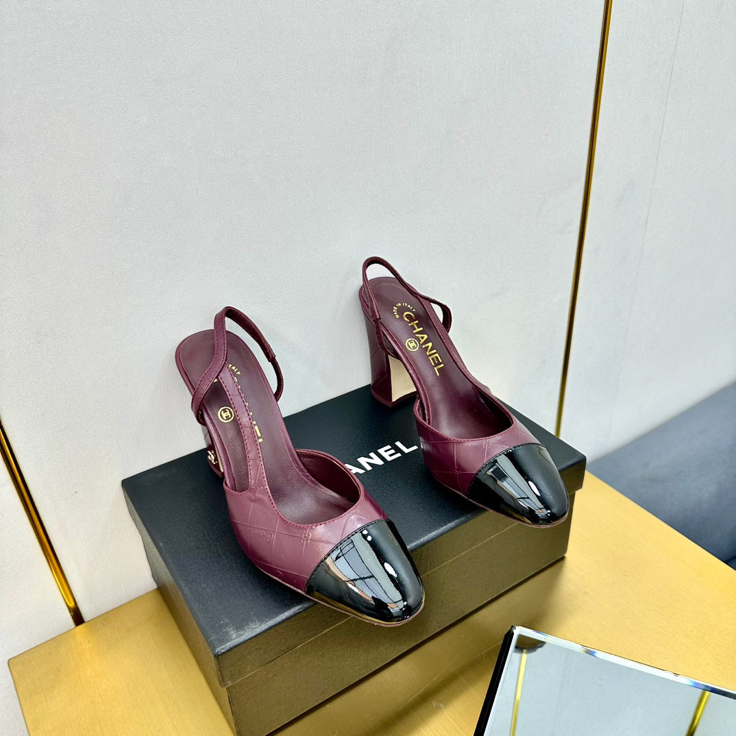 cc slingback pumps 90 in burgundy lambskin and black patent calfskin 137454