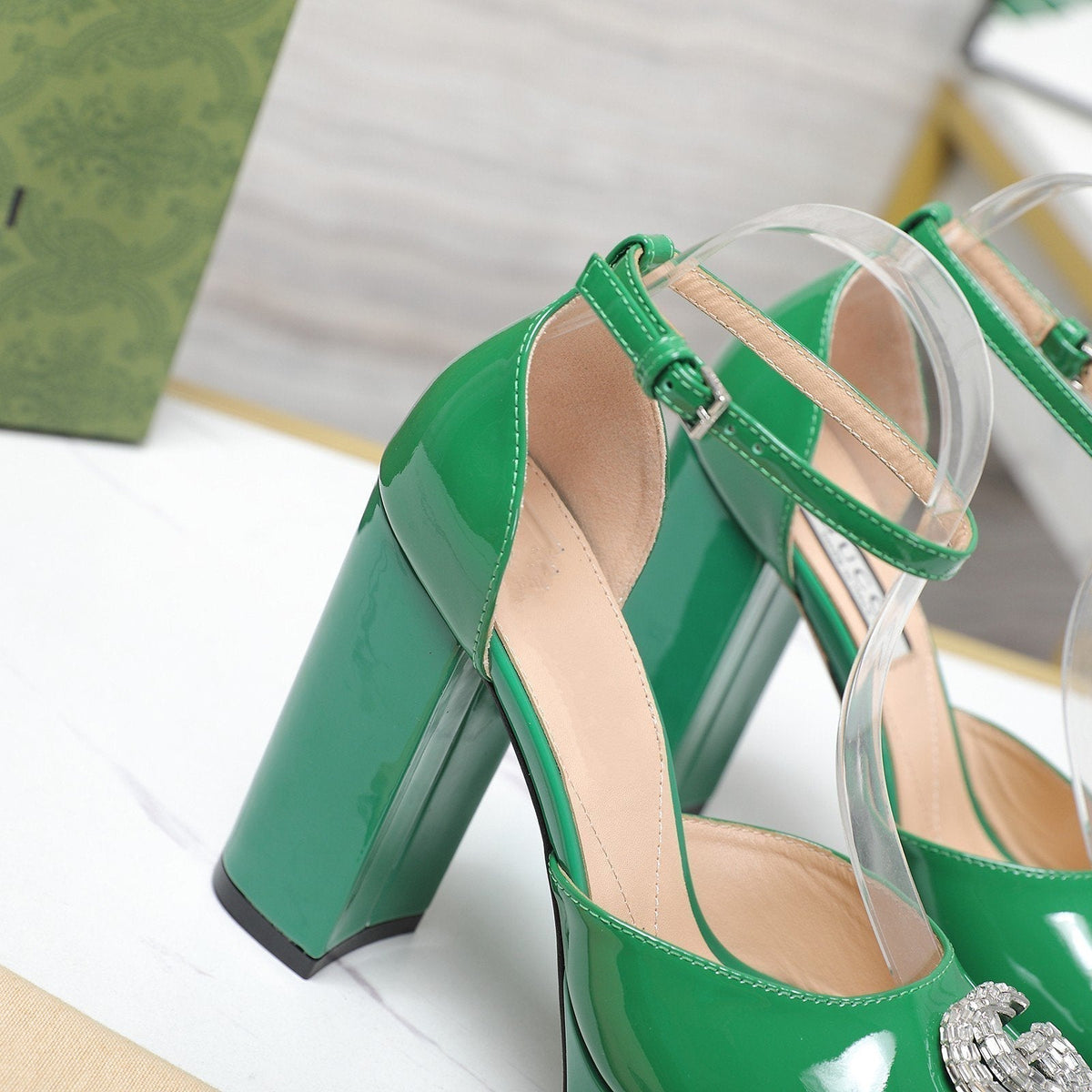 platform pump with double g green patent leather