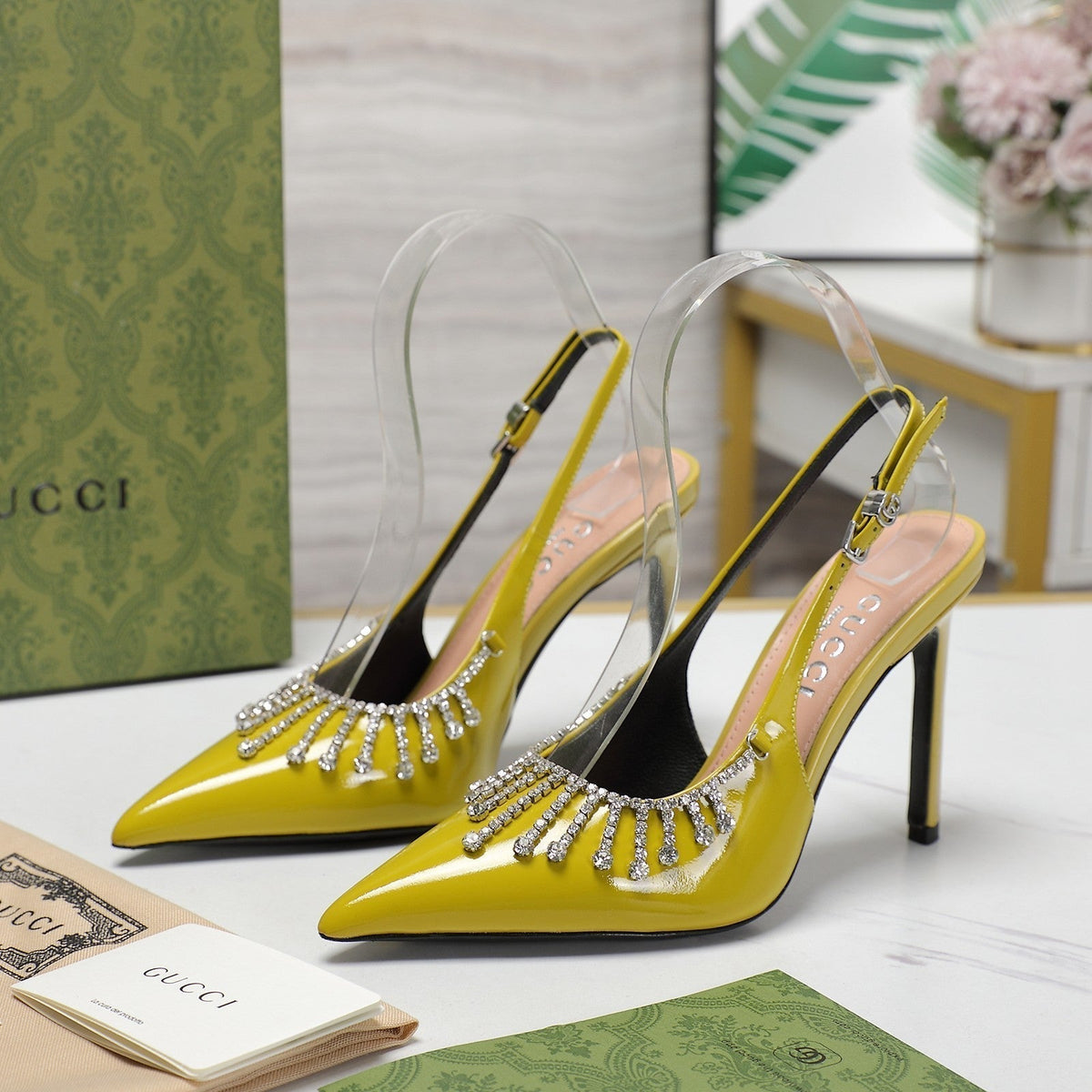 GG CRYSTAL HIGH HEEL SANDAL LEMON LAMBSKIN