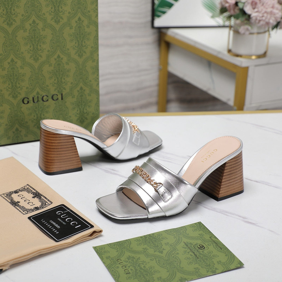 GG High Heels Half Slippers Silver