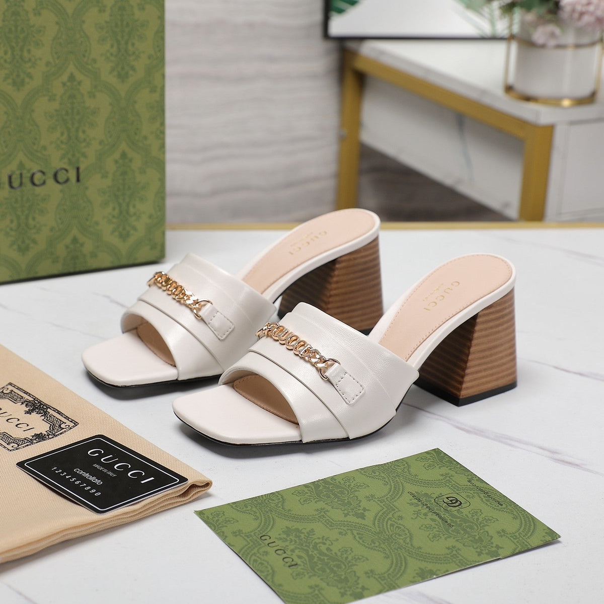 GG High Heels Half Slippers White