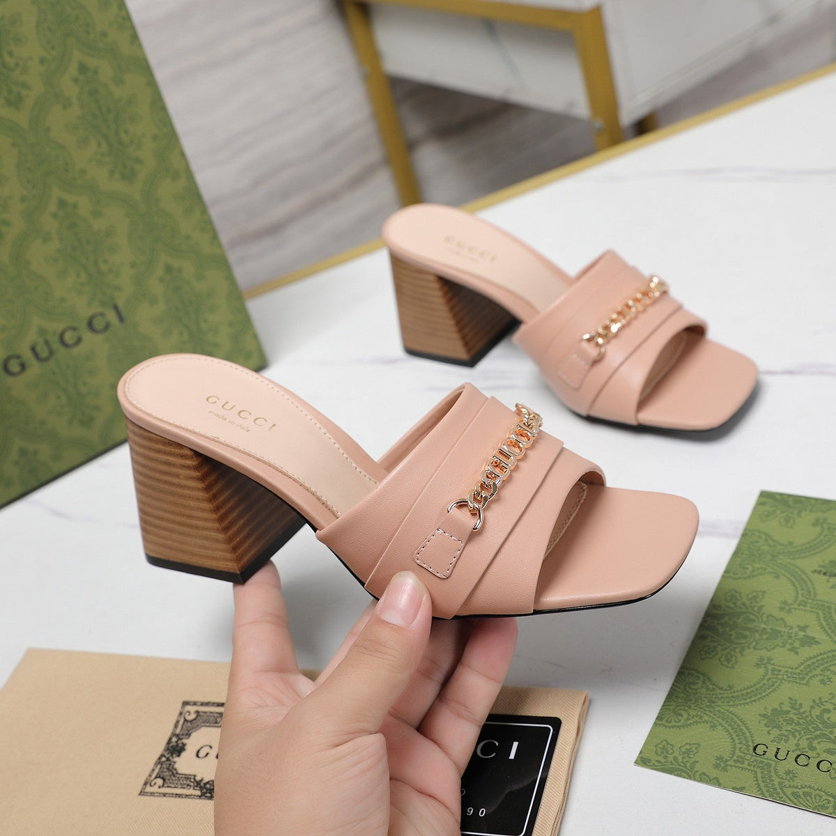 GG High Heels Half Slippers Pink