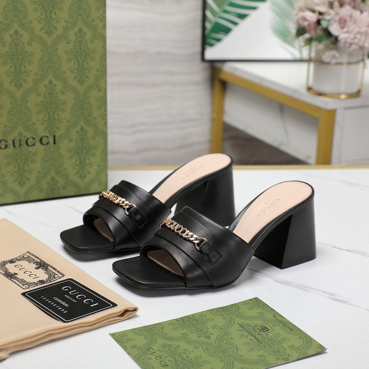 GG High Heels Half Slippers Black
