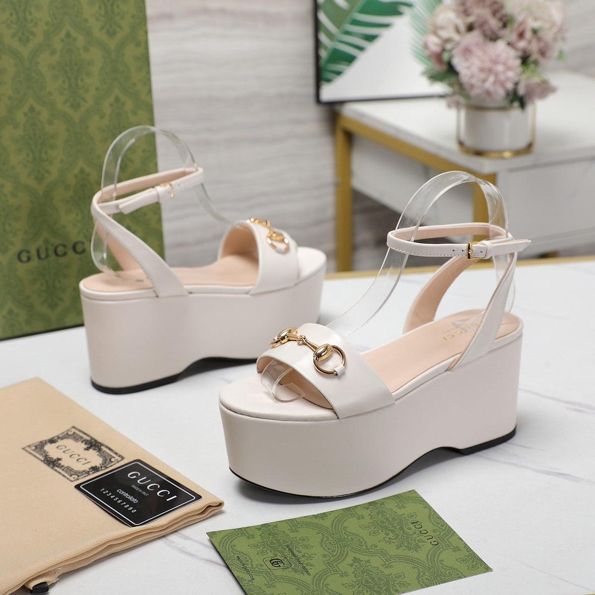 GG  Horsebit Wedges Sandals White