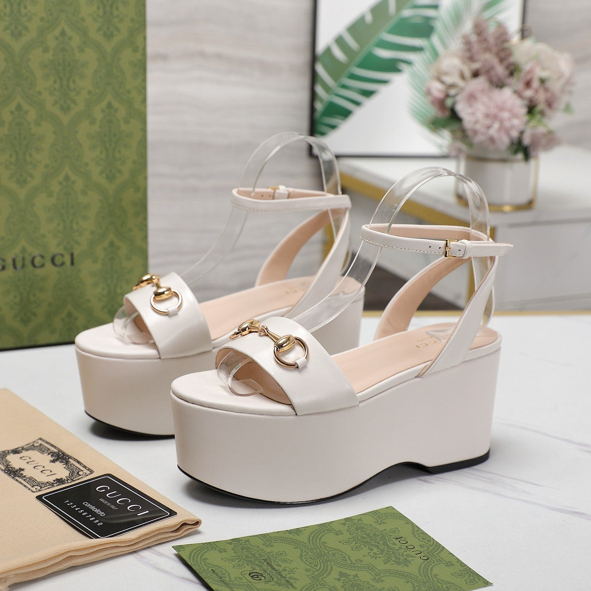 GG  Horsebit Wedges Sandals White