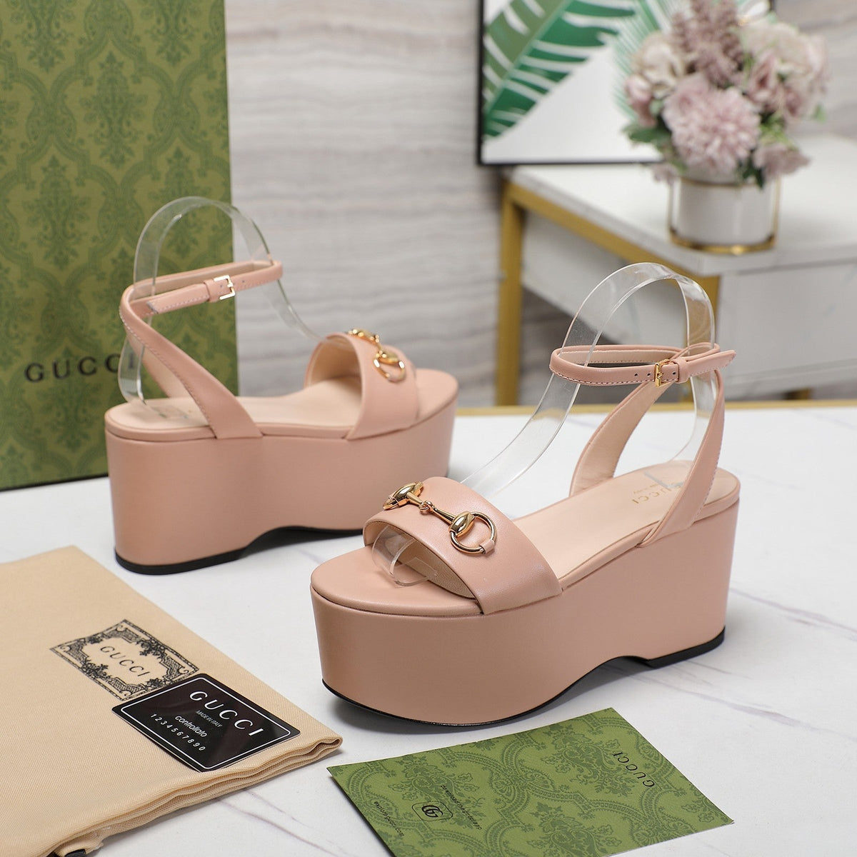 GG  Horsebit Wedges Sandals Pink