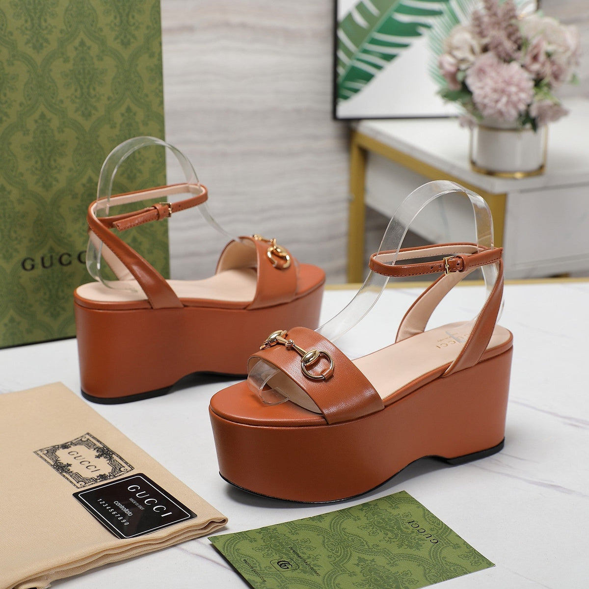 GG  Horsebit Wedges Sandals Orange