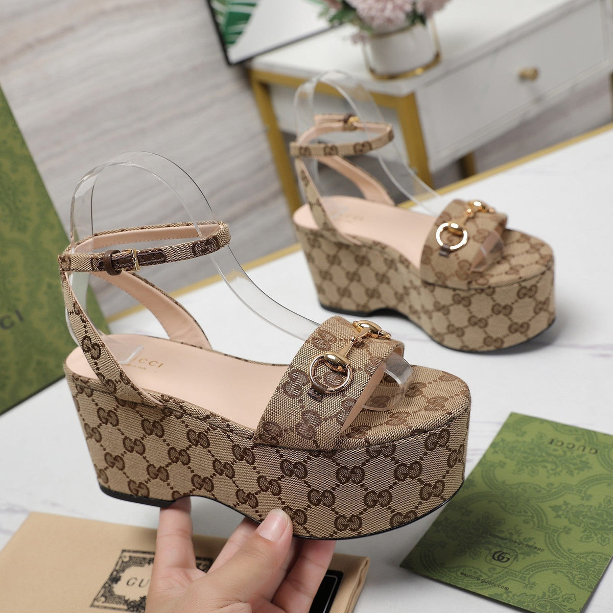 GG  Horsebit Wedges Sandals Brown