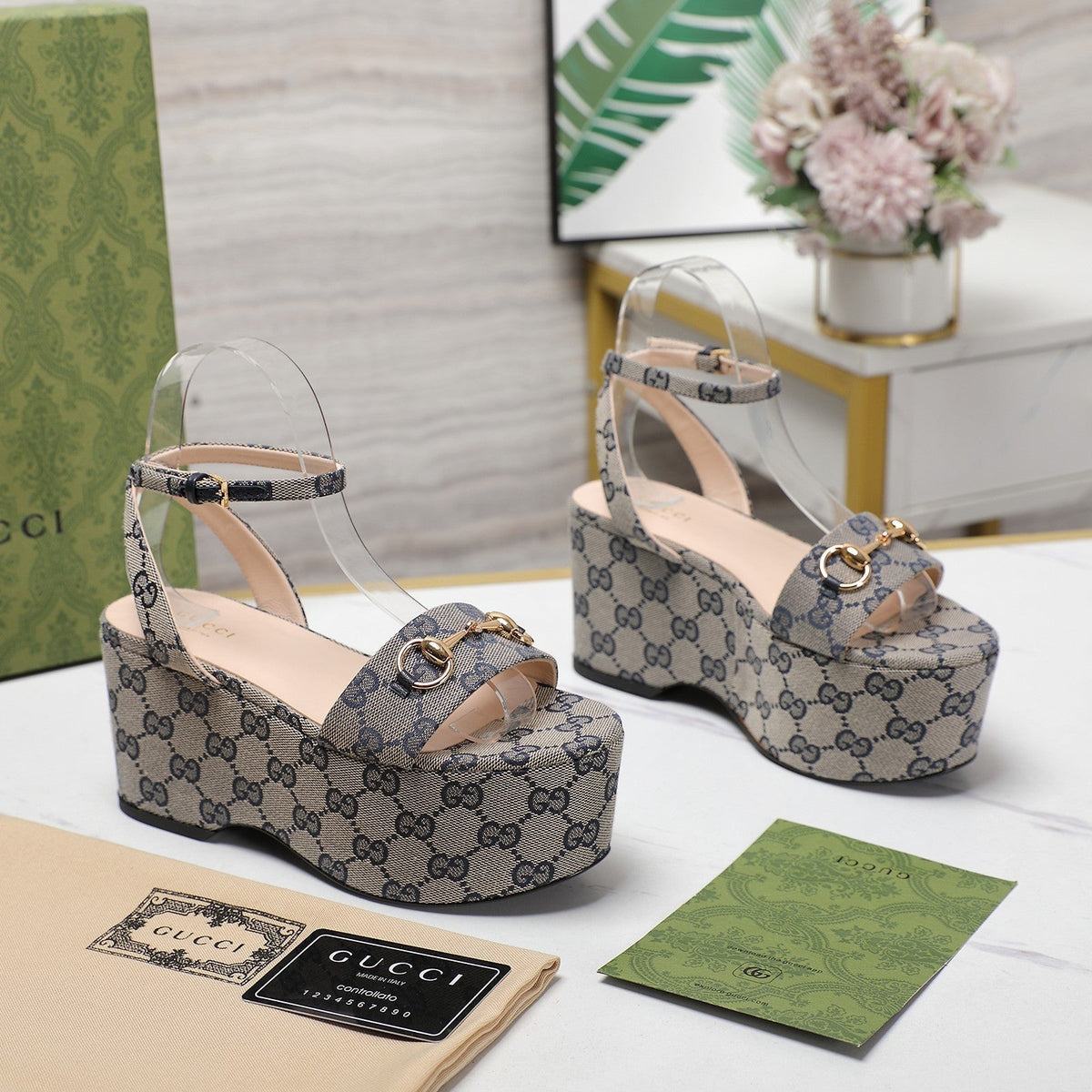 GG  Horsebit Wedges Sandals Grey
