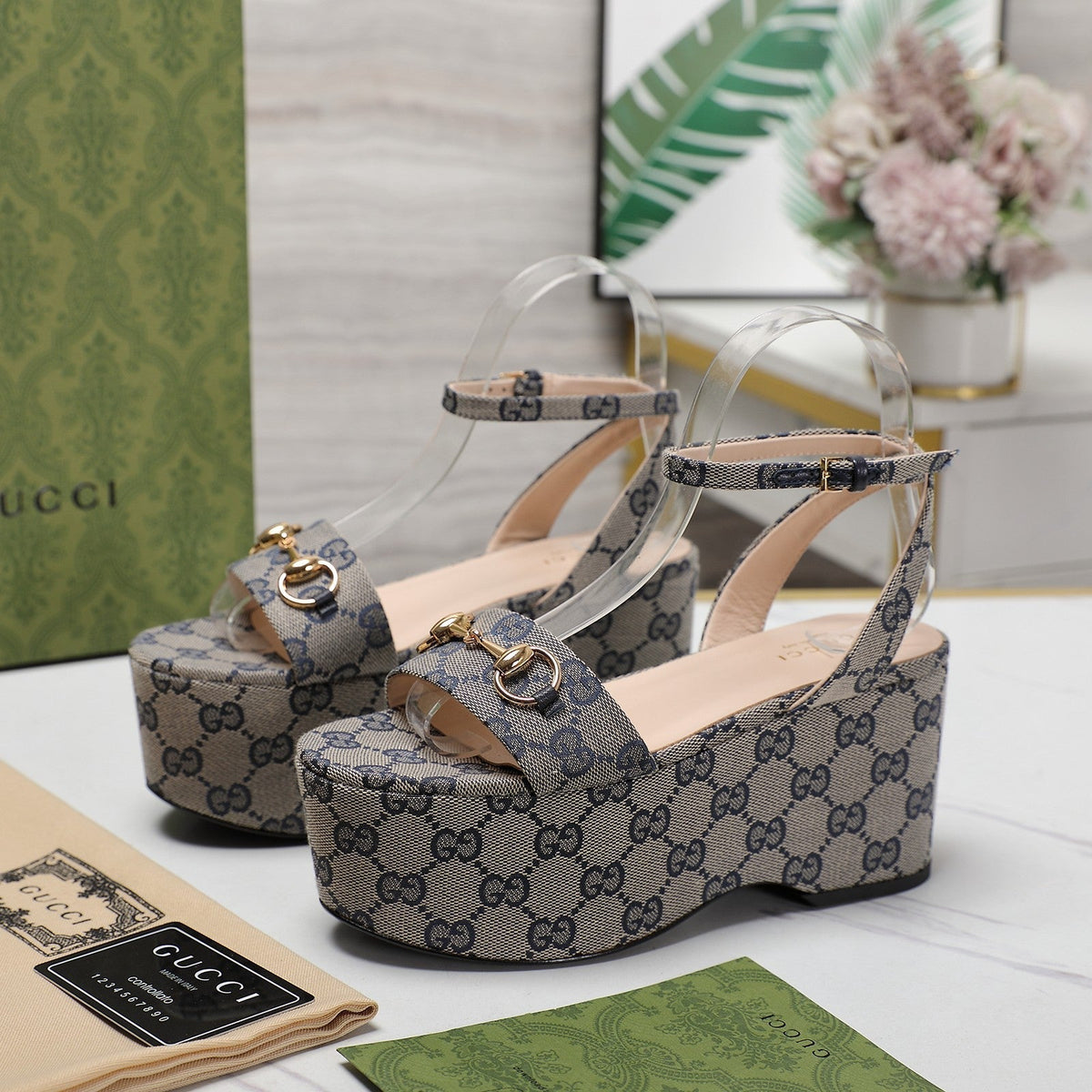 GG  Horsebit Wedges Sandals Grey