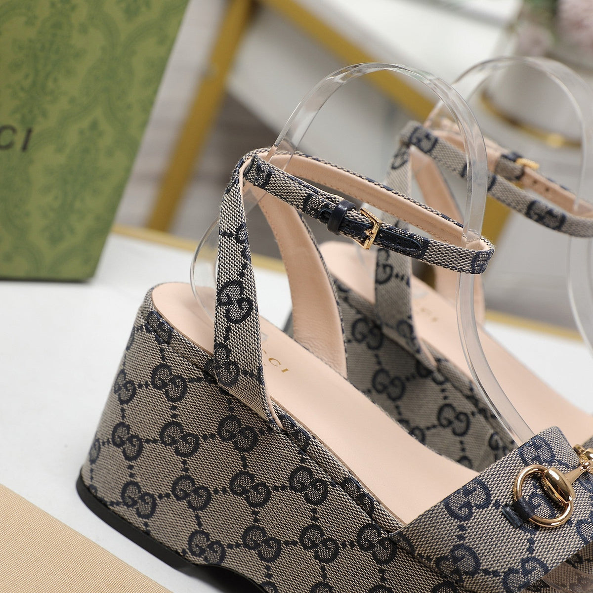 GG  Horsebit Wedges Sandals Light Grey