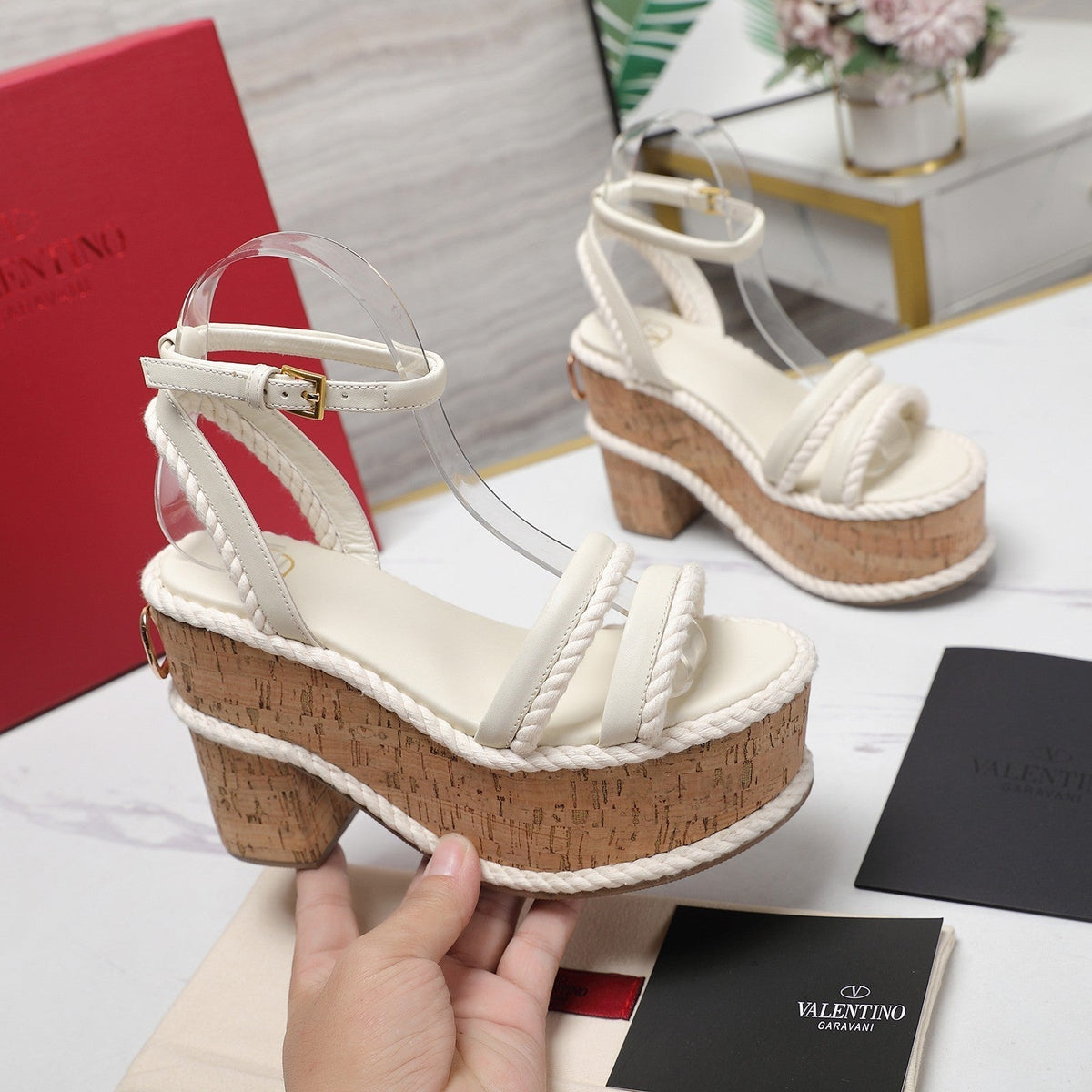 Valentino Garavani VLogo Summerblocks Wedge Sandals 115mm White Mix Brown Cowhide And Nylon Rope 821111