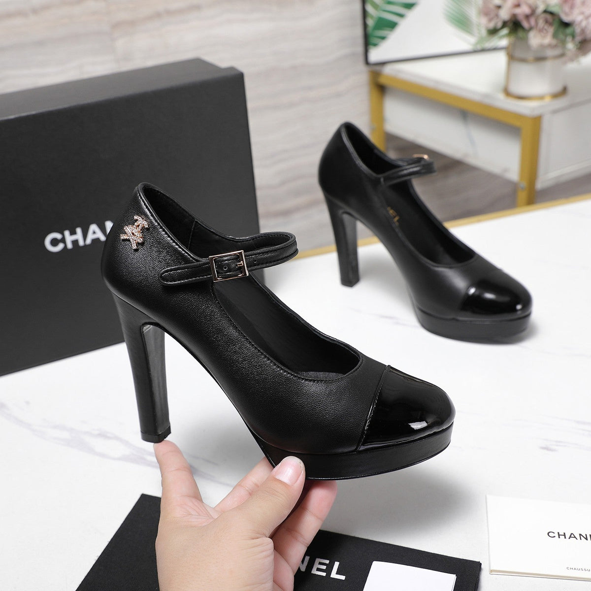 CC Buckle Platform Pumps 100mm Black Lambskin 425881