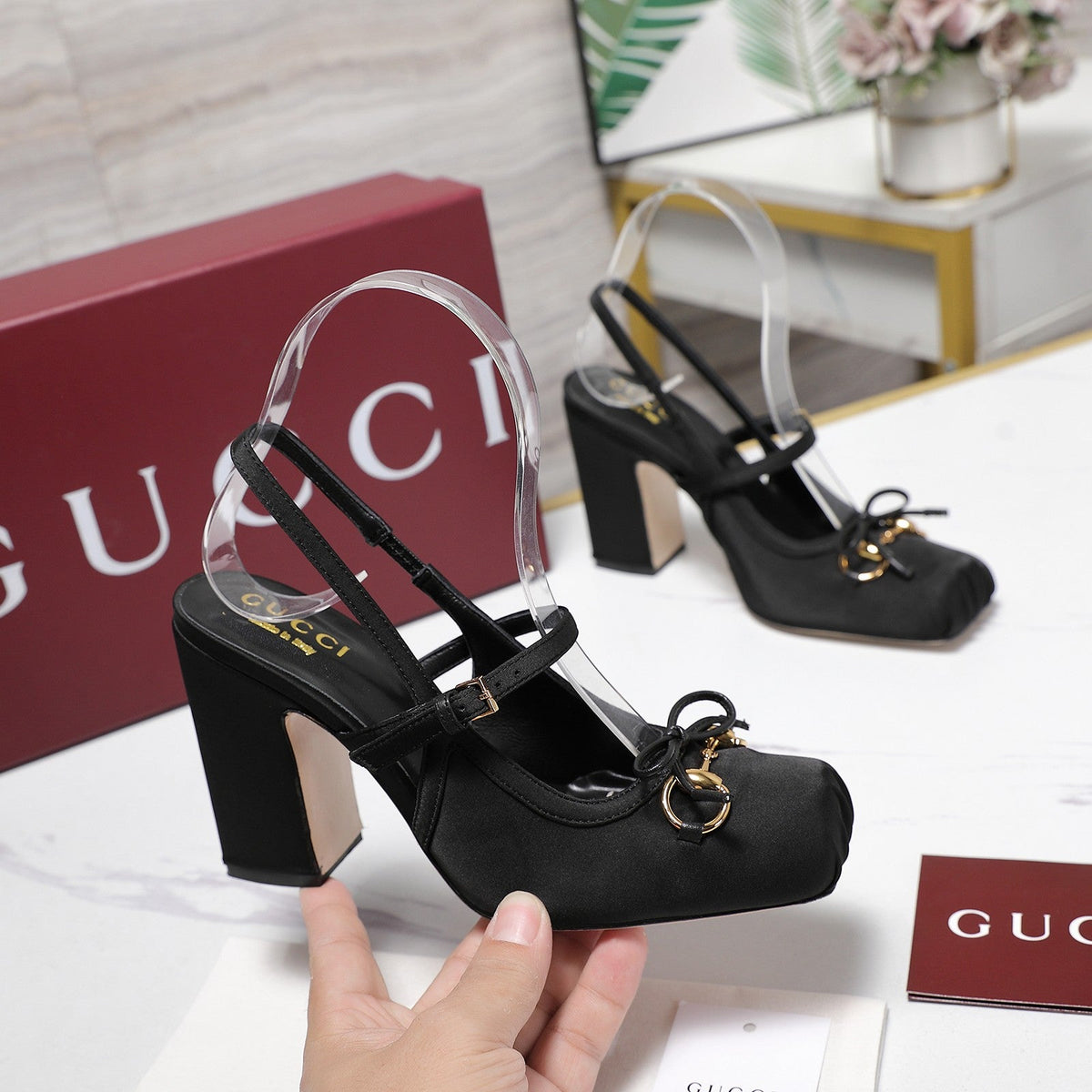 Gucci Horsebit Slingback Pumps Black Satin Fabric 504424