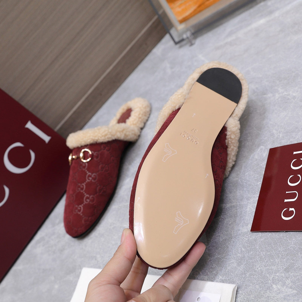 GG Horsebit Mules with Burgundy Insole Suede Shearing 547329